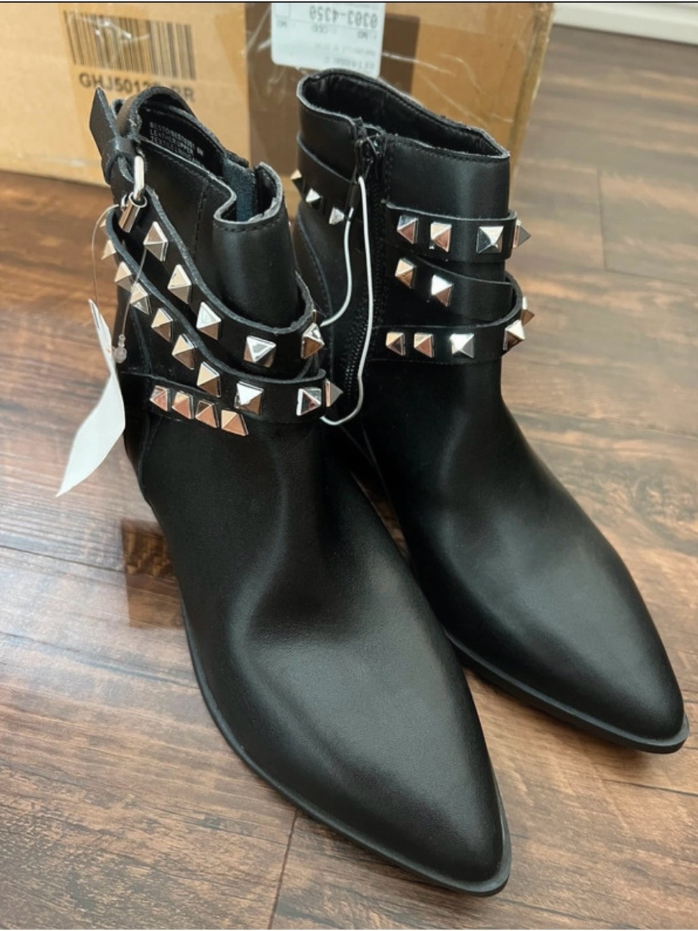 Steve Madden Black Pointed Ankle Booties with Silver Pyramid Studs
